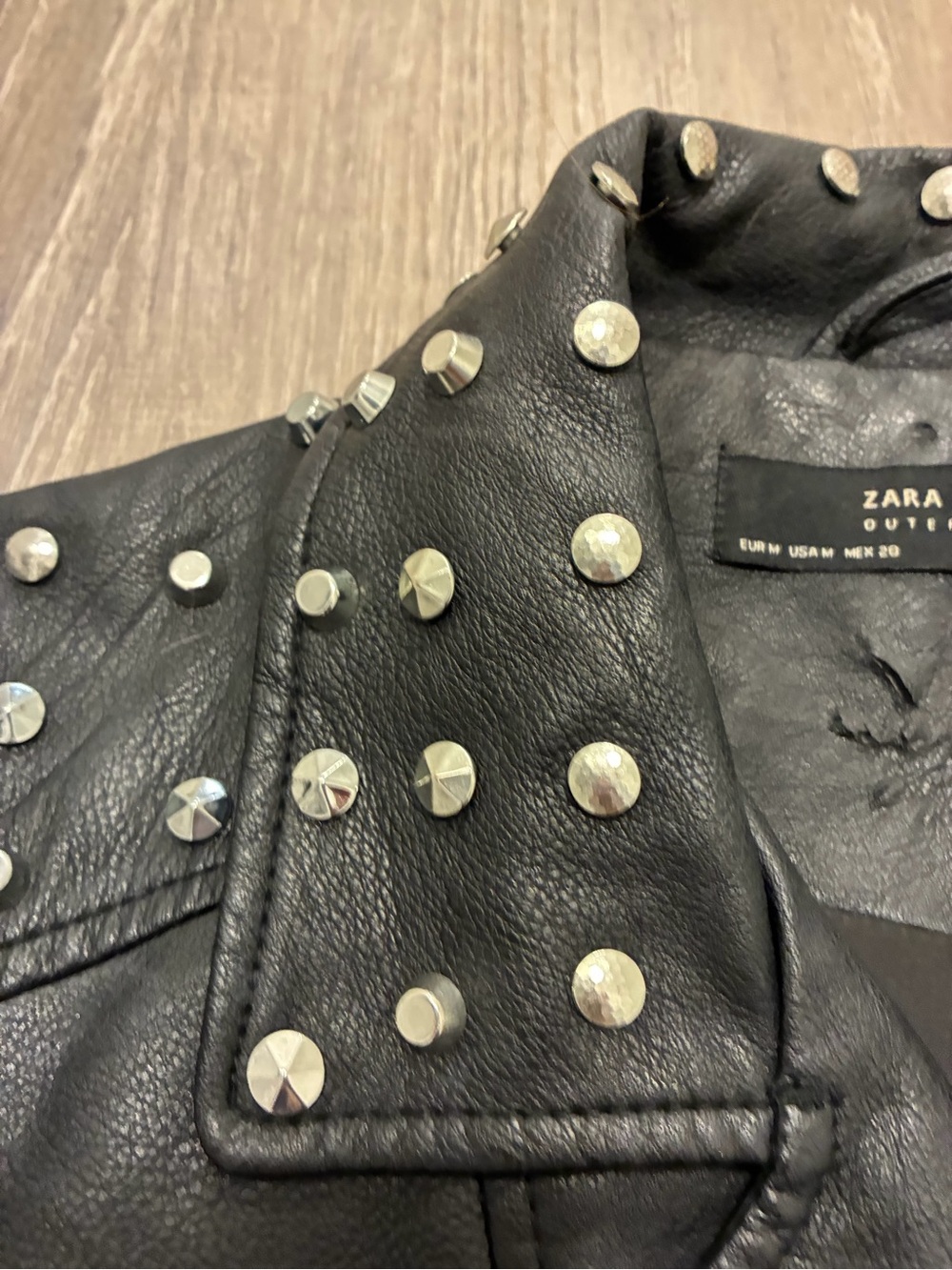 ZARA Studded Faux leather biker black jacket with skull decal women’s Medium - Picture 13 of 16